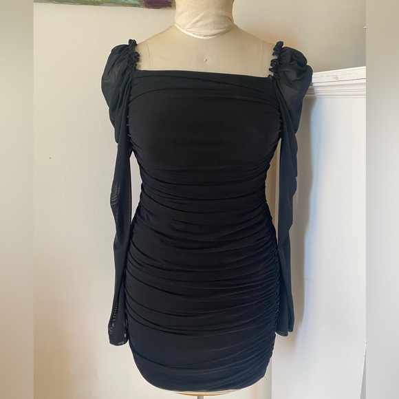 Black Frill Trim Gigot Sleeve Ruched Mesh Overlay Short Dress - Picture 7 of 8